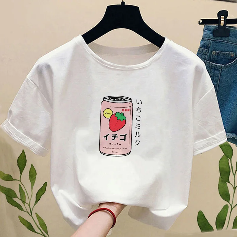Letné dámske tričko Japonské jahodové mlieko nápoj s krátkym rukávom harajuku kawaii grafické tričko Camisetas Mujer Top žena