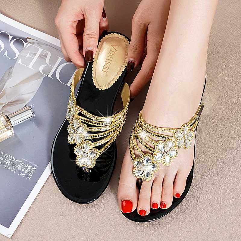 Letné elegantné otvorené špičky proti skĺznutia sklíčka vonkajšie vysoko kvalitné dámske módne všestranné krištáľové diamanty večer flip flop
