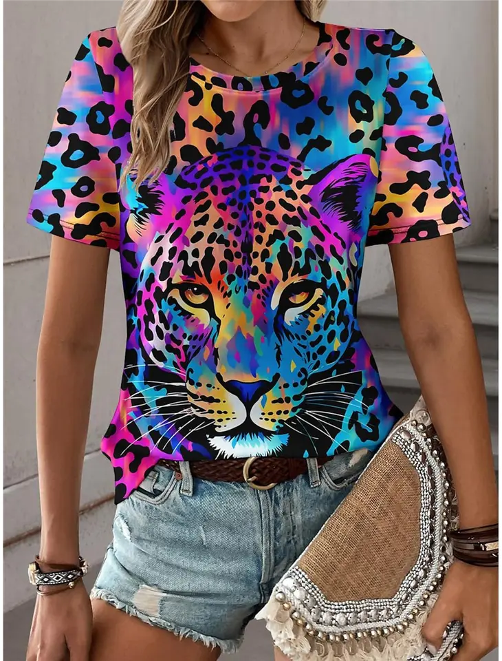 Letné farebné leopard 3D tlačené tričká Dámske dámske oblečenie Príležitostné móda y2k krátko rukávy tričko o krku