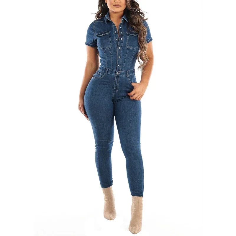 Letné gombíky Half-Open Denim Denim Dámska dámska klopa s krátkym rukávom jednodielne bundy Ženské ležať Slim Fit Rompers Cencil Džínsy