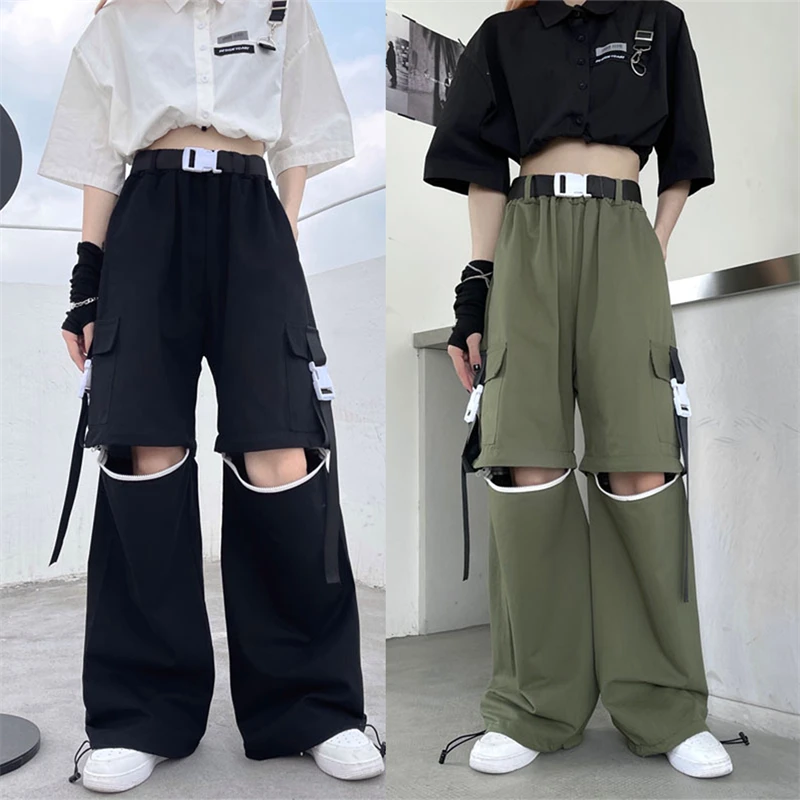 Letné harajuku v štýle High Street Pants Trend Odnímateľné lemové pracovné nohavice Vojenské zelené čierne neformálne trend Dámske oblečenie