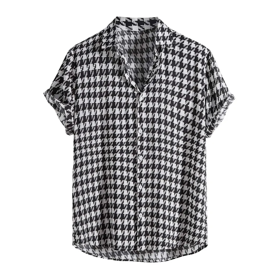 Letné houndstooth kockované košele pre mužov Havajský s krátkym rukávom pánske košele košele Príležitostné pláž gombíky hore blúzka Men camisas