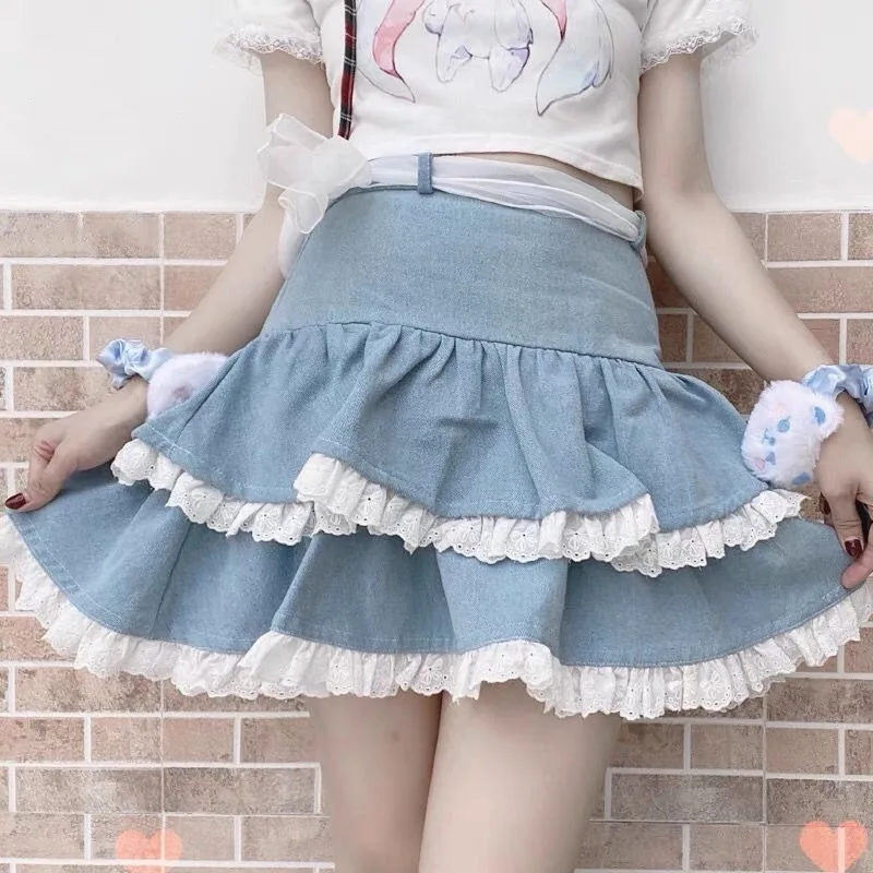 Letné japonské jadrové čipky sukňové sukne subkultúra dievčat Demin Pompadour sukne vrstvené načrtol nadýchané lolita dámske ležérne sukne