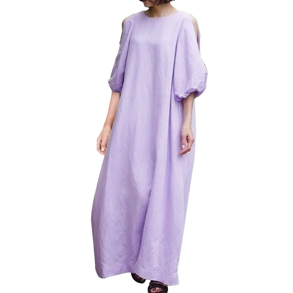 Letné jednoduché šaty pre ženy pre ženy nadmerne veľkým bublinkovým rukávom bavlnené šaty Solid Plus veľkosť dlhé šaty 5xl rúcho femme