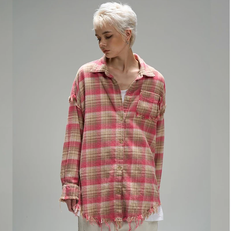 Letné jeseň Plaid tlat Men s dlhými rukávmi blúzka tenký kabát vrecko Pink Vintage Tassel Fashion Fashion Harajuku Nadimace páry oblečenie