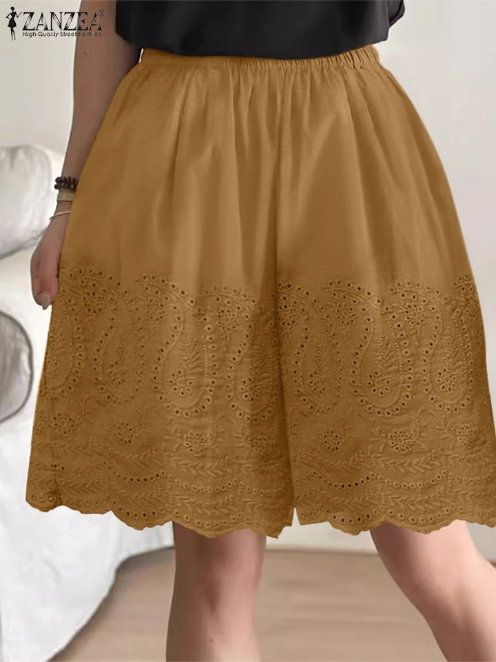 Letné kraťasy Čemián Loose Pantalon Zanzea Women Casual Elastic Lace Lace Lace Hankové nohavice Vintage vyšívacie sviatočné nohavice