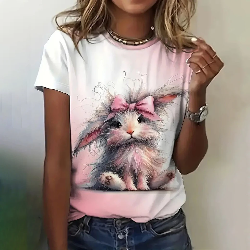 Letné králiky Animal Animal 3D tlač Tričká Ženy Streetwear Casywear móda y2k krátke rukávy tričko o ne-krčku Tops Tops Oblečenie