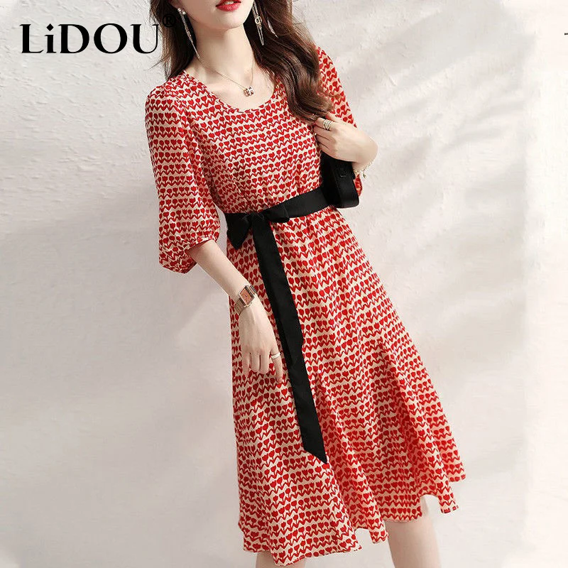 Letné kórejské tlač Elegantné módne šaty Ženy Krátke rukáve Elegantné estetické vestidos de fiesta pot kawaii neformálne rúcho femme