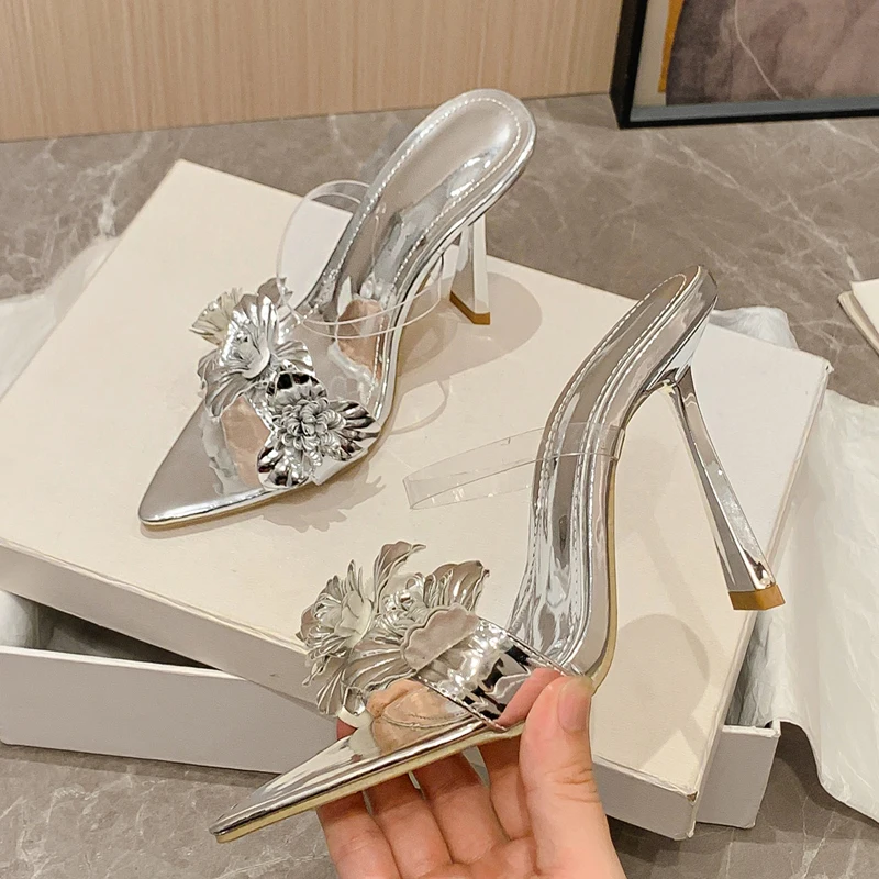 Letné letné PVC priehľadný kvet Sexy tenké päty papuče Ženské šaty Party Špicaté prsty na nohách posuvné topánky zapatos de mle