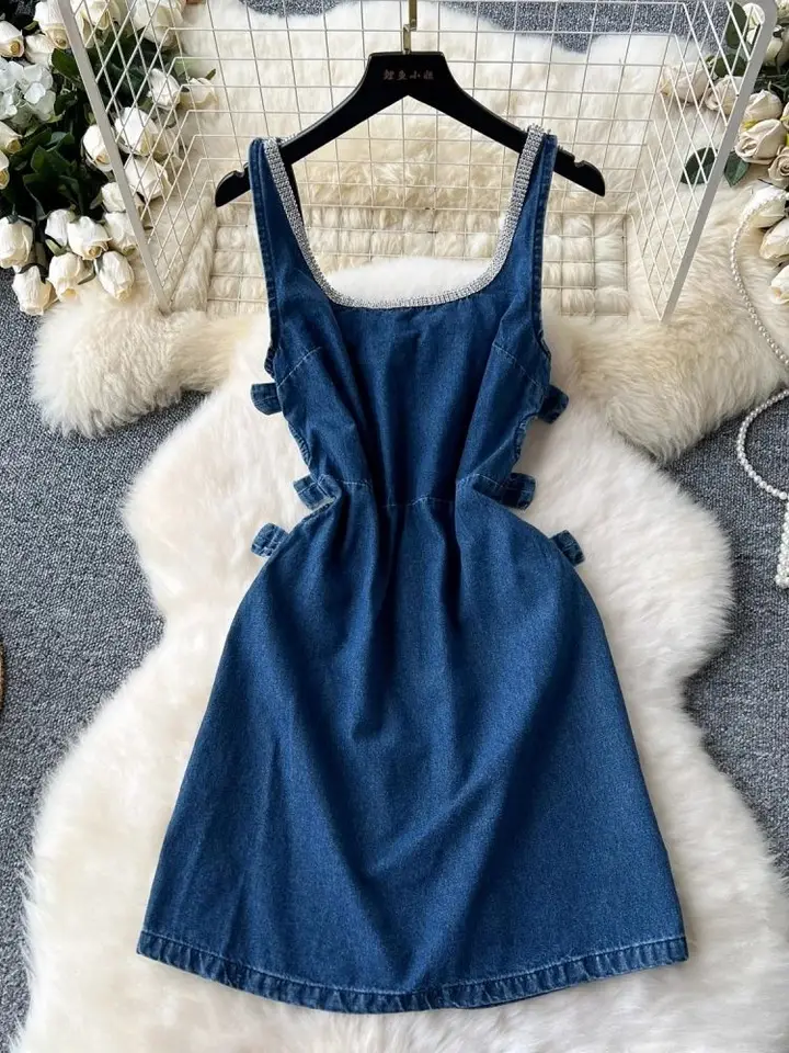 Letné modré džínsové korálky celkové šaty Dámske rukávy bez rukávov sexy luk dutiny džínsy s vysokým pásom tank backless Mini Vestidos