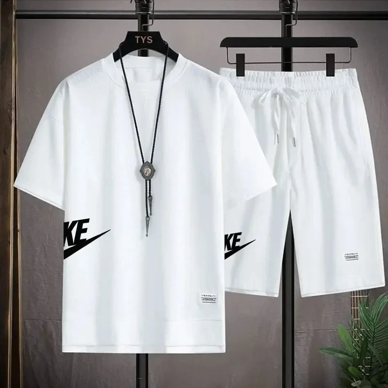 Letné mužské vaflové súpravy Príležitostné tričko a šortky súpravy mužského športového obleku masívne farebné súpravy Loose Suits Veľkosť 3xl