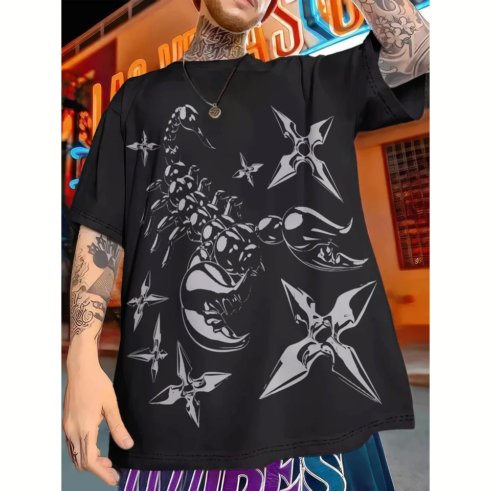 Letné módne mužské mužské tričko Scorpion Print Nadmerné oblečenie Príležitostné pulvover Outdoor Módne pánske mužské tričko Streetwear