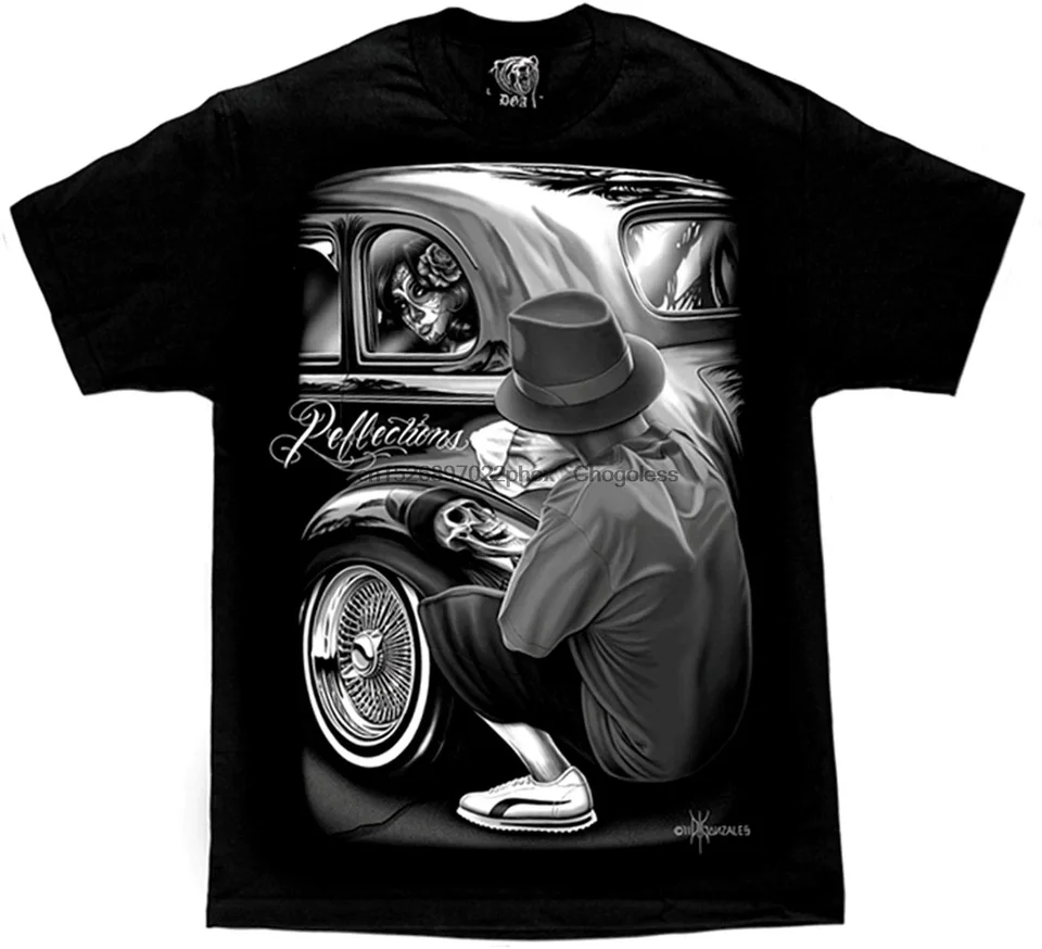 Letné módne tričko Pánske odrazy Lowrider Skull Chicano DGA Art Art krátke rukávy tričko s krátkym rukávom