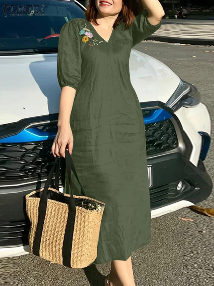 Letné módy V krk polovica rukávu šaty Zanzea Ženy elegantné príležitostné pracovné večierky Sundress kvetinové vyšívanie Vestidos neformálne rúcho
