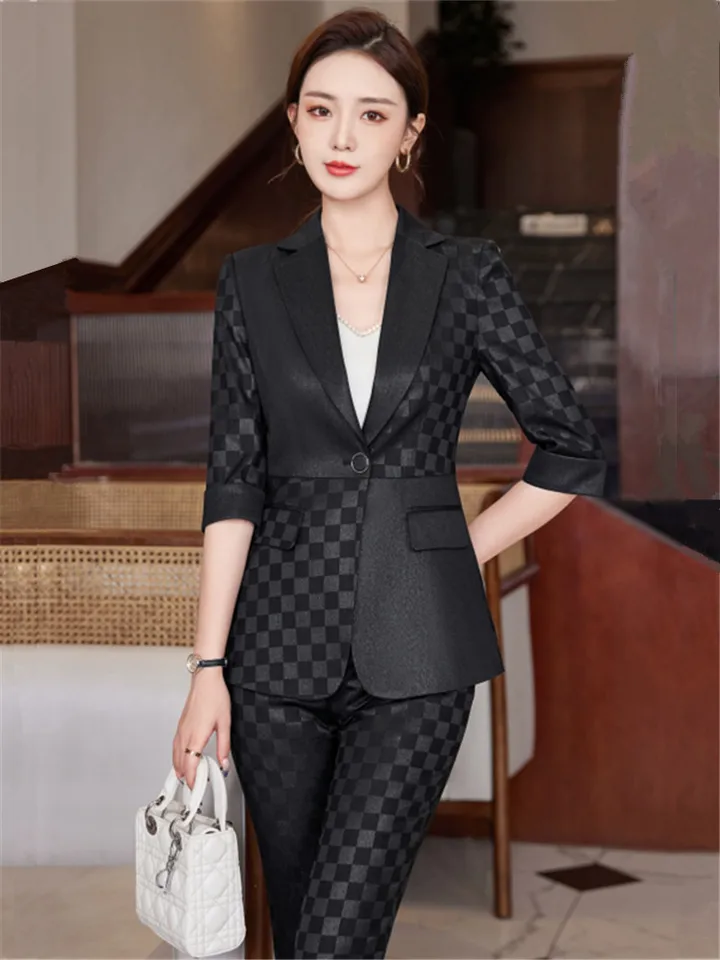 Letné nohavice súpravy pre ženy 2 kusové sety Half Ruckve Blazer & Tousers Suit Grey White Hight Quality Chic Elegant Business Outfit