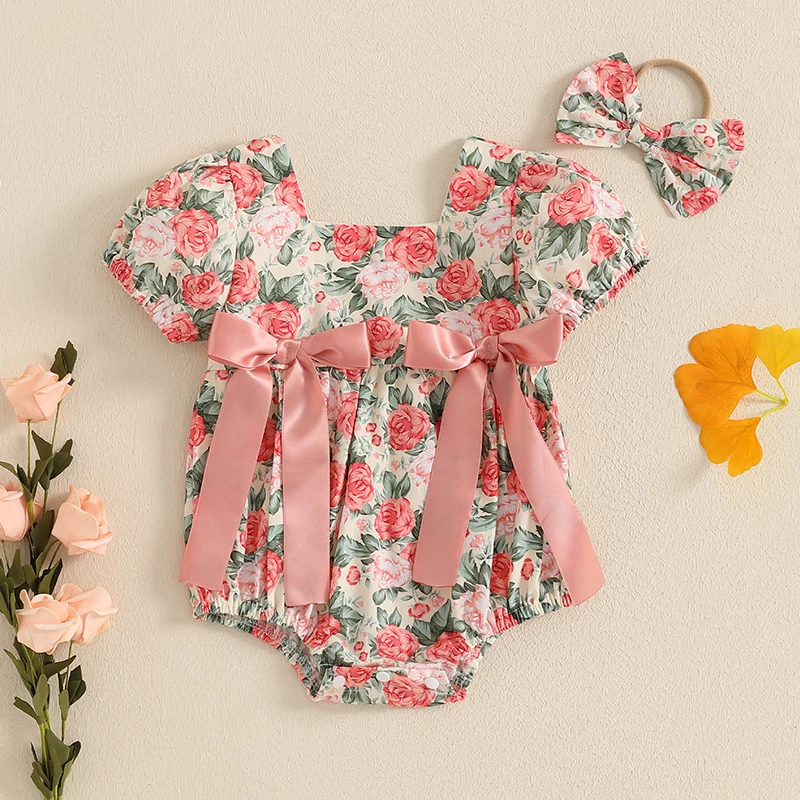 Letné novonarodené dievčatká Rompers Floral Print Two Browknot Krátke rukávy s čelenkou s čelenkou 0-18 m detské oblečenie