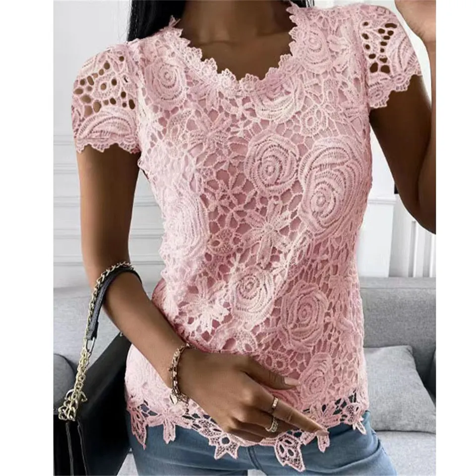 Letné nové dámske oblečenie Nové čipkové tričko s krátkym rukávom Top ležky Elegantné okrúhle krk blúzka blúzka femme blusas feminina
