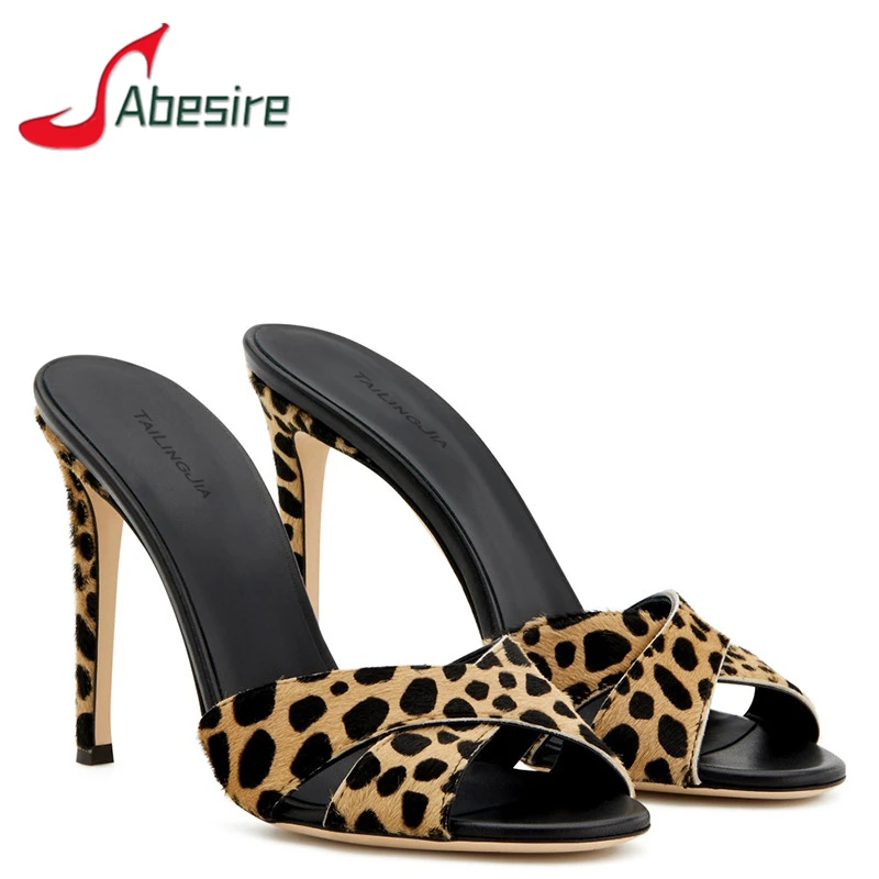 Letné nové peep toe papuče pre ženy sexy leopard koňom tenké vysoké podpätky módne dutiny sttilettos párty banketové šaty topánky