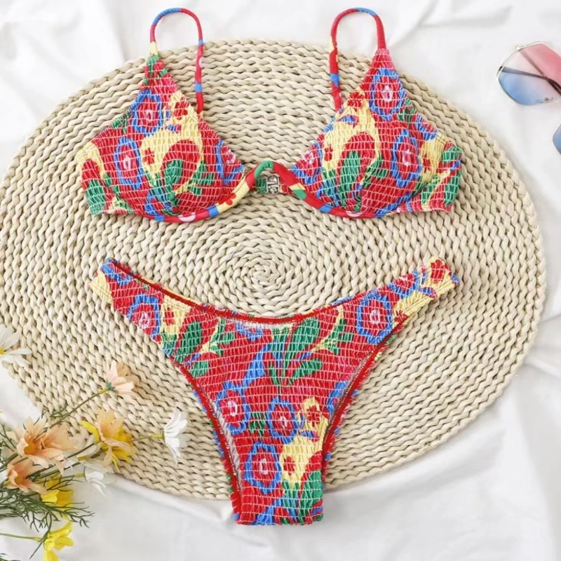 Letné plážové bikiny obleky Crimson vytlačené sexuálne dvojité ramenné popruh podprsenky s nízkym pásom priedušné nohavičky dvojdielne set