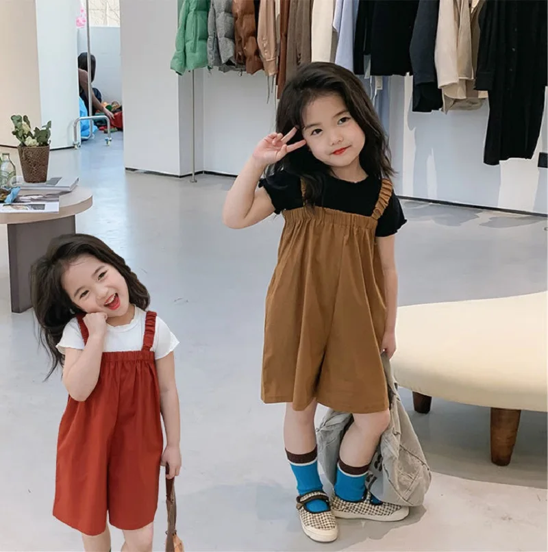 Letné príležitostné dieťa a dievčatá bavlnené čierne čierne Tričko Tops+Suspender Shorts Pant Set Kids Tracksuit Child 2pcs Outfit 2-8 roky