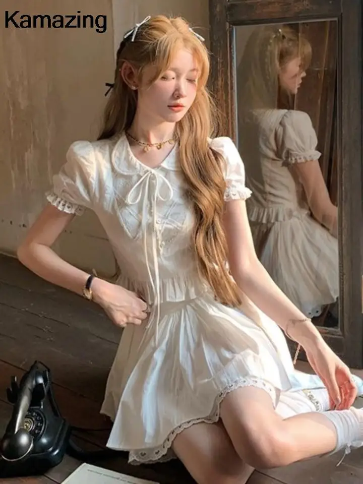 Letné príležitostné mini sukňa Set Sweet Solid 2 -Piece Dámske dámske módne rukávy košeľa čipky sukne oblečenie Kórejské elegantné oblečenie
