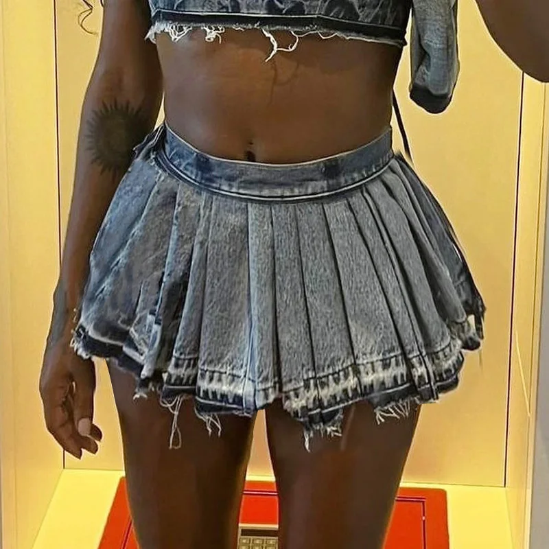 Letné príležitostné sexy vysoký pás Smock džínsová sukňa skladaná super mini tenisová sukňa