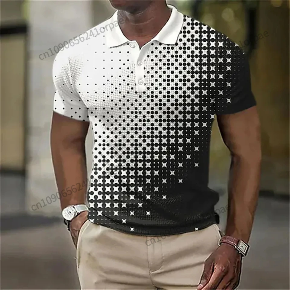 Letné pánske gombíky klopné polo tričko 3D bodka tlačená s krátkym rukávom Polo Tričko farebný blok módne business Pánske pólové košele vrcholy