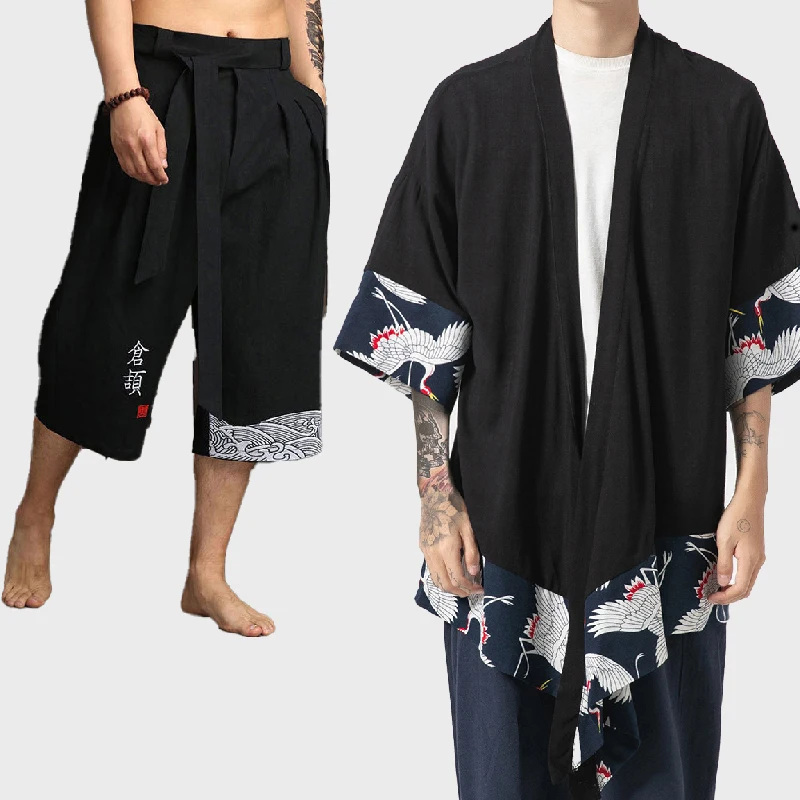 Letné pánske súpravy kimono bundy svetové nohavice Men ľahké neformálne bavlnené zmes