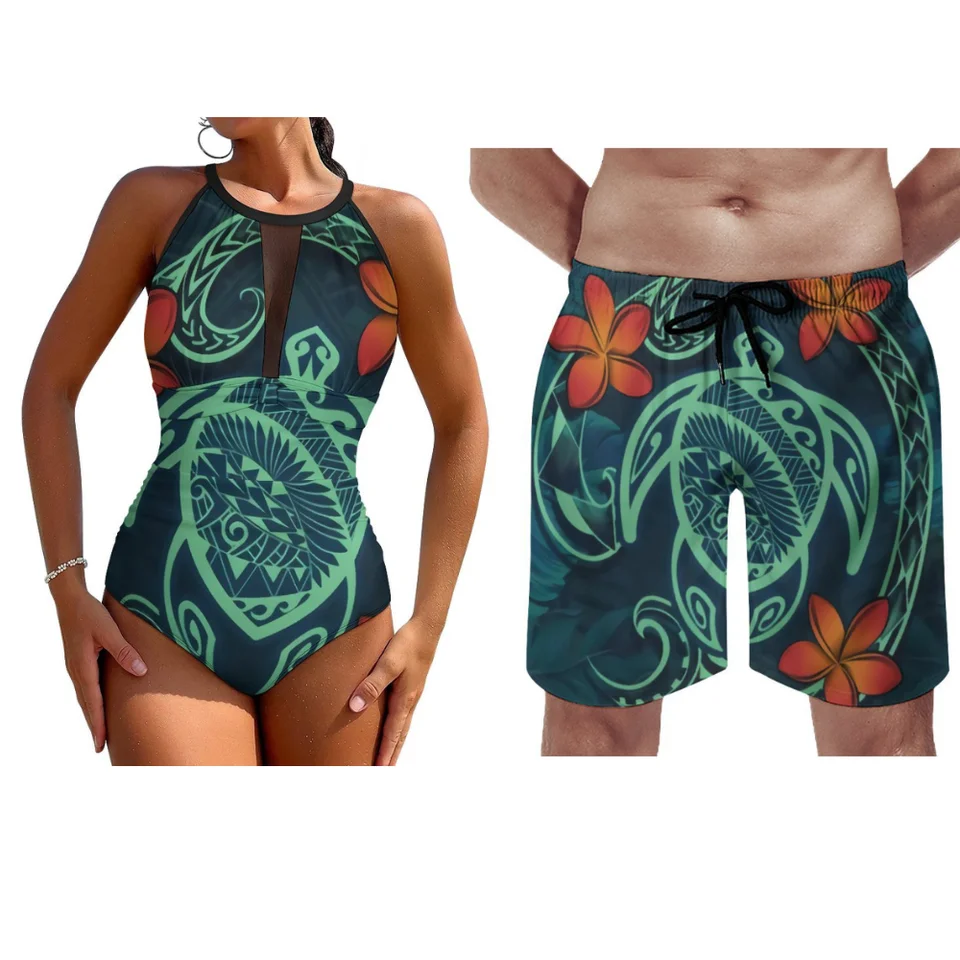 Letné páry plavky dámske jednodielne plavky Sexy cutout Design Custom Polynézsky pánsky plážový nohavice surfový oblek