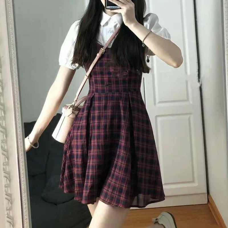 Letné pólové obojok móda s krátkym rukávom Mini šaty Dámske dámske ležérne štíhle falošné dva kusy šaty Plaid tlačiareň Vestidos