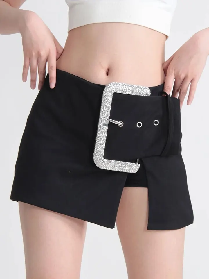 Letné rozdelené mini sukne s vysokým pásom patchwork diamant dekoratívny pás minimalist line sukňa ženský módny štýl oblečenie nové