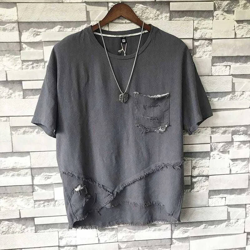 Letné roztrhané držanie o krku s krátkym rukávom Men tkine móda harajuku hip hop punk nepravidelné grunge oblečenie streetwear káva šedá