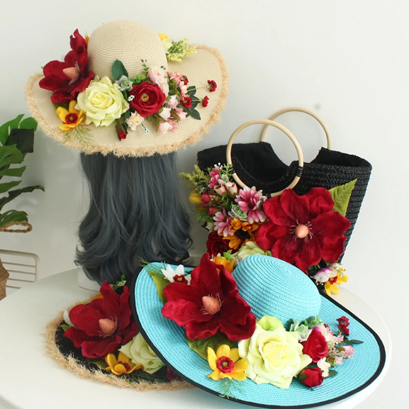 Letné ručne vyrobené veľké klobúk Ženy Ženy tráva Slaw Sun Suncreen Hat Artificial Flower Rattan Kabelka Beach cestovný oblečenie Country štýl