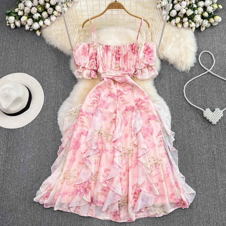Letné ružové šupky pre ženy pre ženy České z ramena šifón Midi ženské Vestidos Elegantné plážové dovolenkové plachty Ruched Busta