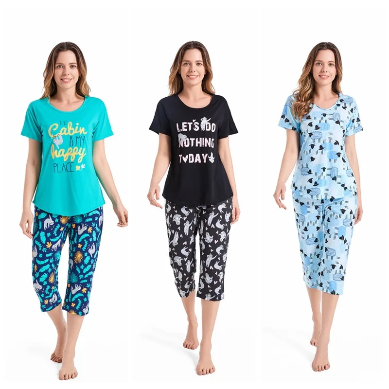 Letné s krátkym rukávom Capris Cartoon Roztomilé pyžamy bavlnené domáce oblečenie okrúhle krk Loungewear tenký dvojdielny súprava plus pijamy