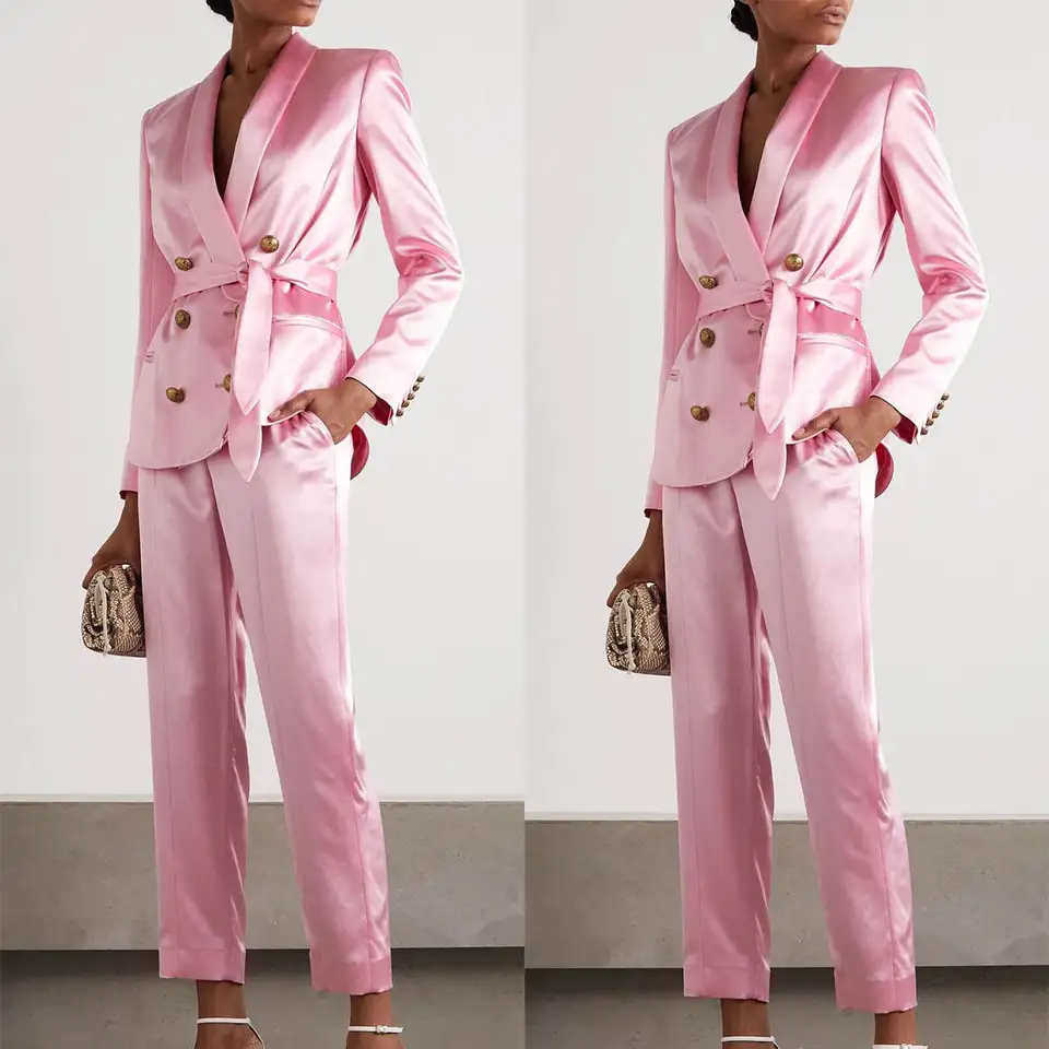Letné saténové hodvábne ženské nohavice obleky Slim Fit Pink Jacket Top Ladies Party Party Custom Made Prom Party Outfits