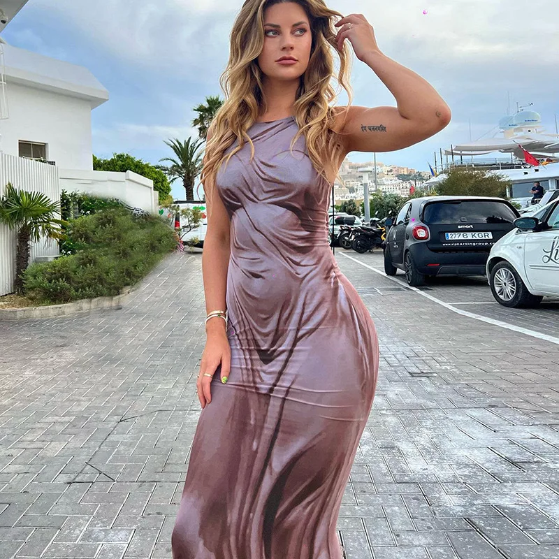 Letné sexy elegantné ležérne neformálne priliehajúce módne telo 3D tlač 3d dizajn maxi špagety remienok pre remienok Party Prázdniny pre ženy outfit