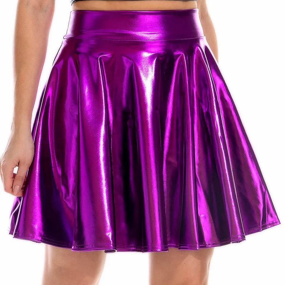 Letné sexy laser vysoký pás Mini Pu Kožená sukňa Club Party Dance lesklé holografické sukne harajuku jk metalické skladané sukne