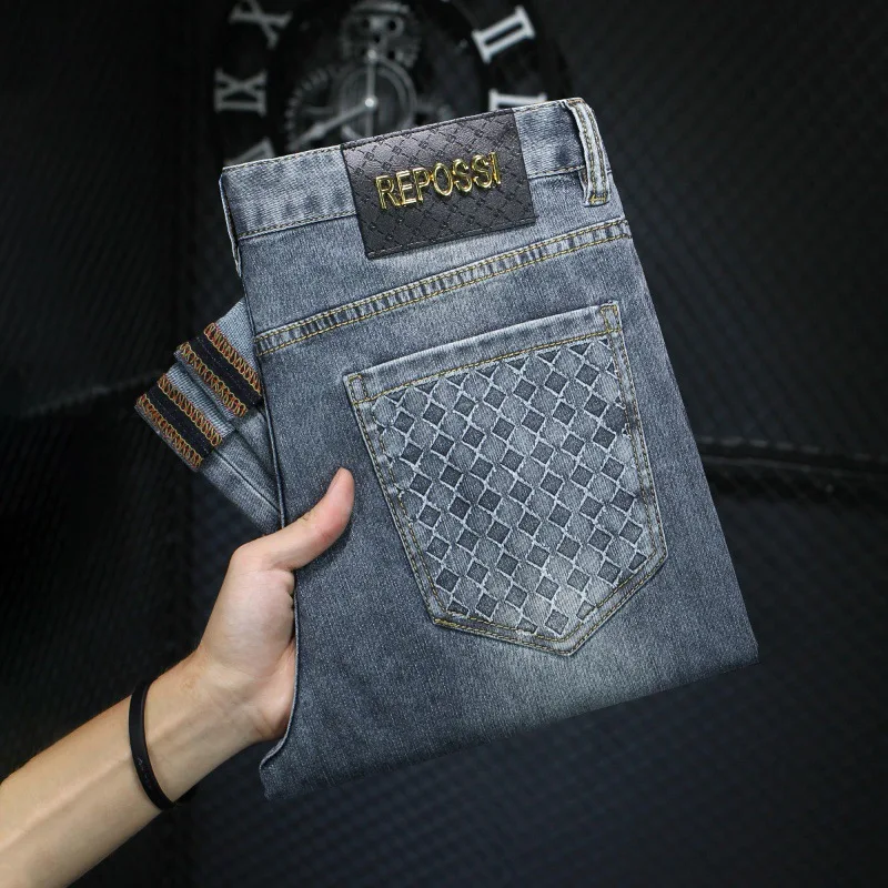 Letné tenké džínsy Pánska módna značka móda Príležitostne porovnávajúce pánske oblečenie Light Luxury High-end Slim Fit Skinny Pants