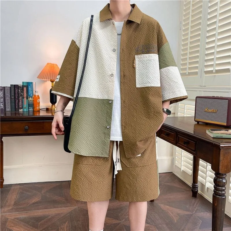 Letné topy s krátkym rukávom Pánske košele Vonkajší oblek Hong Kong Style Tees Loose Version Trendy Shorts Košele ležérne dvojdielne súpravy