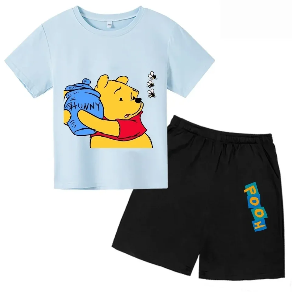 Letné tričko Winnie the Pú Cartoon Detské tričko+šortky 2ks obleky Kid Boy Girl Girl Casting Grafika Tlačené súpravy s krátkymi rukávmi