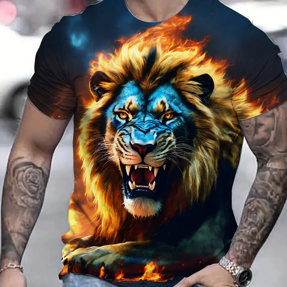 Letné tričká Men ležérne levové vzory Tops TEE Clothing Veľká veľkosť zvieracie tlač s krátkym rukávom Vonkajšie priedušné športové tričko