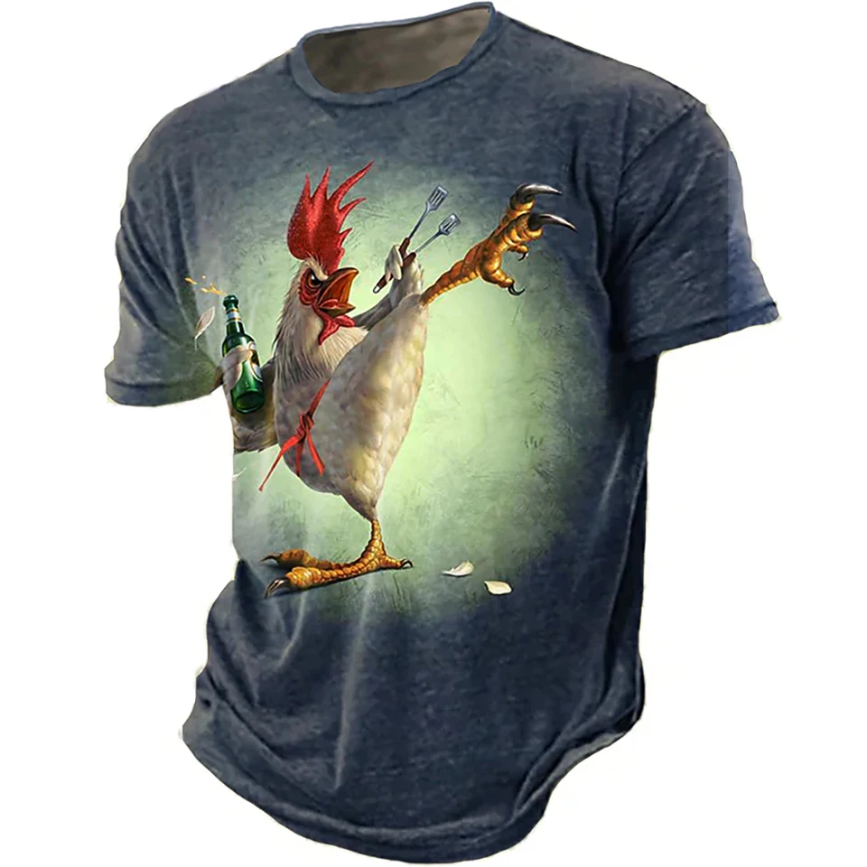 Letné vinobranie karikatúry kohút tlačené tričká pre mužov Streetwear Pohodlné posádky krk s krátkymi rukávmi Tops