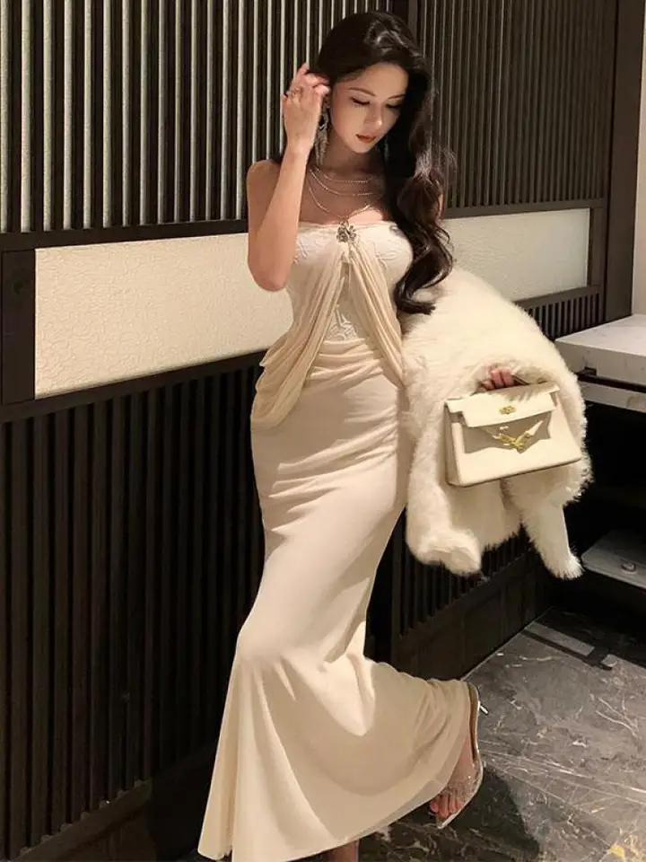 Letné vinobranie nové dámske béžové béžové z ramena Elegantné štíhle skladané šaty francúzska dovolenka narodeninovú oslavu bez ramienok Fishtail Dress