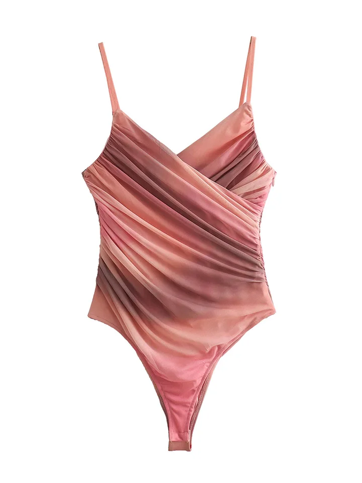 Letné vrcholy pre ženy 2024 módna tlač Ruched Tulle Bodysuit V krk bez rukávov špagety špagety party nočné sexy bodyit top