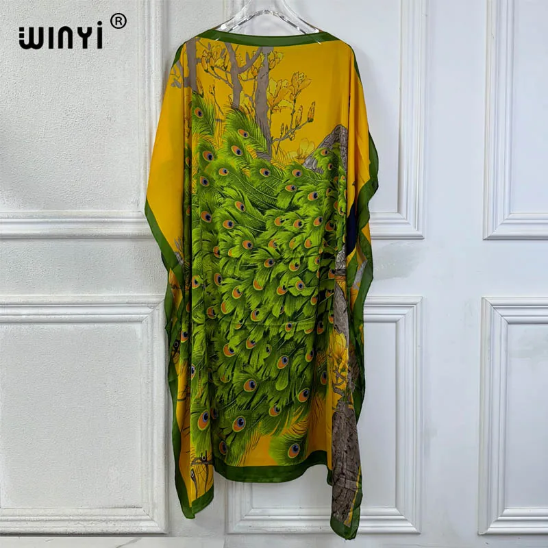 Letné šaty Winyi Maxi Sexy africké ženy šaty Pávové tlačové pláž plážové oblečenie femme kaftan moslimské pláž pláž