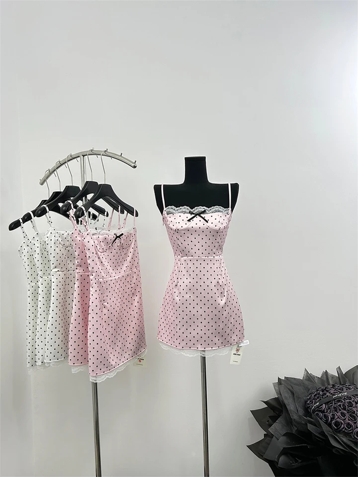 Letné špagety remienok francúzske koketové čipky šaty Ženy Mini Polka dot estetické vintage gyaru frock frock večere jednodielne