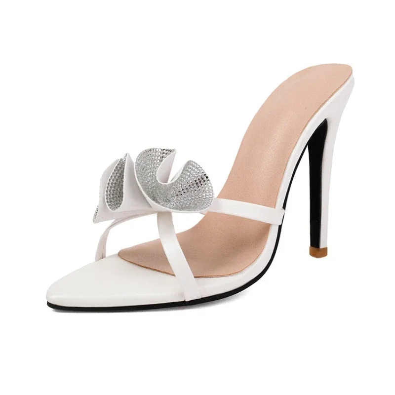 Letné špicaté diamantové sandále Bowknot Moderné sexy otvorené špičky 11,5 cm vysoké kvetiny päty Kvetiny Vonkajšie moderné papuče Veľkosť 47