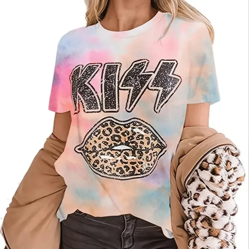 Letné ženy 3D leopardové tlačové pery Tričko Famis módne O-Neck Tops Tees Dámy luxusné oblečenie s krátkym rukávom Vintage outfit