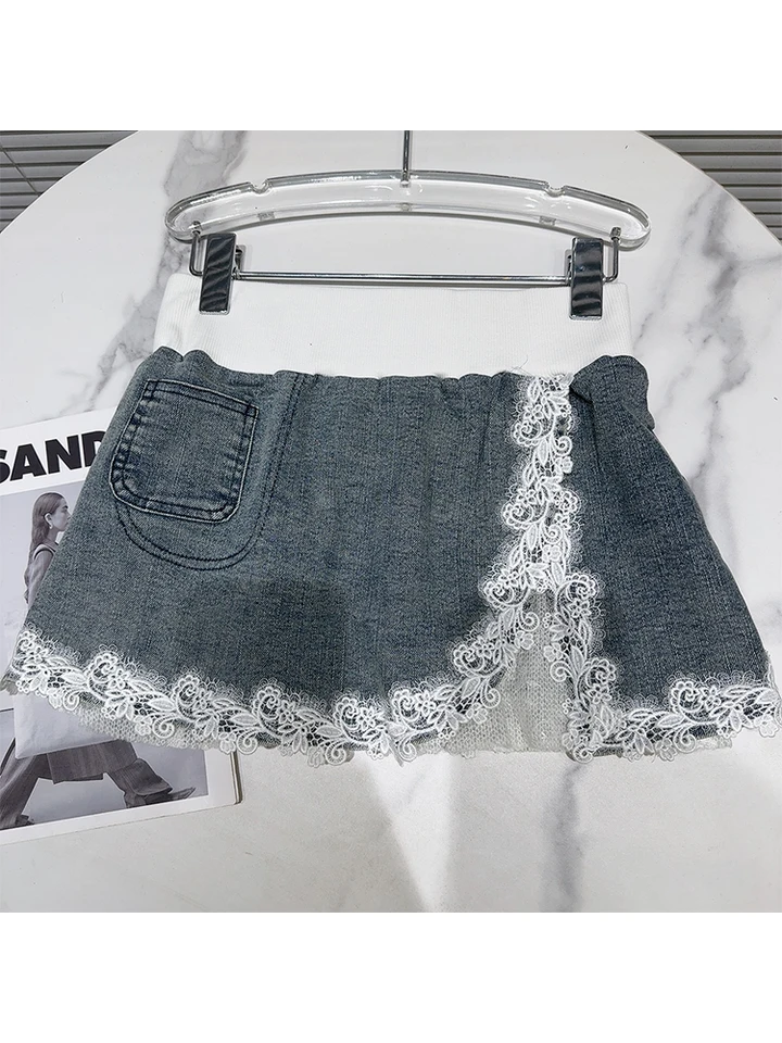Letné ženy baletné jadro KPOP Mini Denim Lace Lace Lace Sukňa Japonsko Y2K Gyaru Coquette 2000. rokov Streetwear Elastic WAIST Kórejský horúci príliv